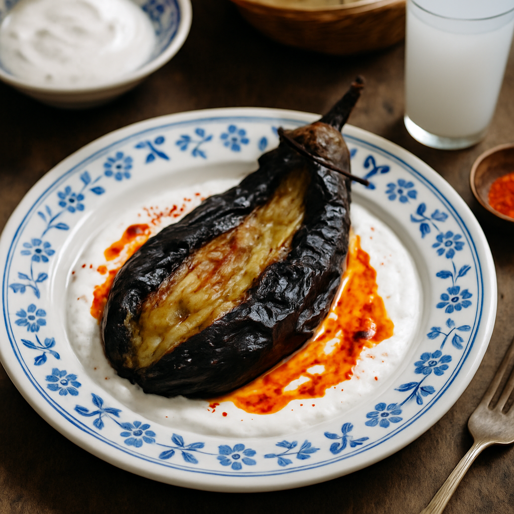 Közlenmiş Patlıcan — Charred Eggplant, Garlic Yogurt, a Little Fire