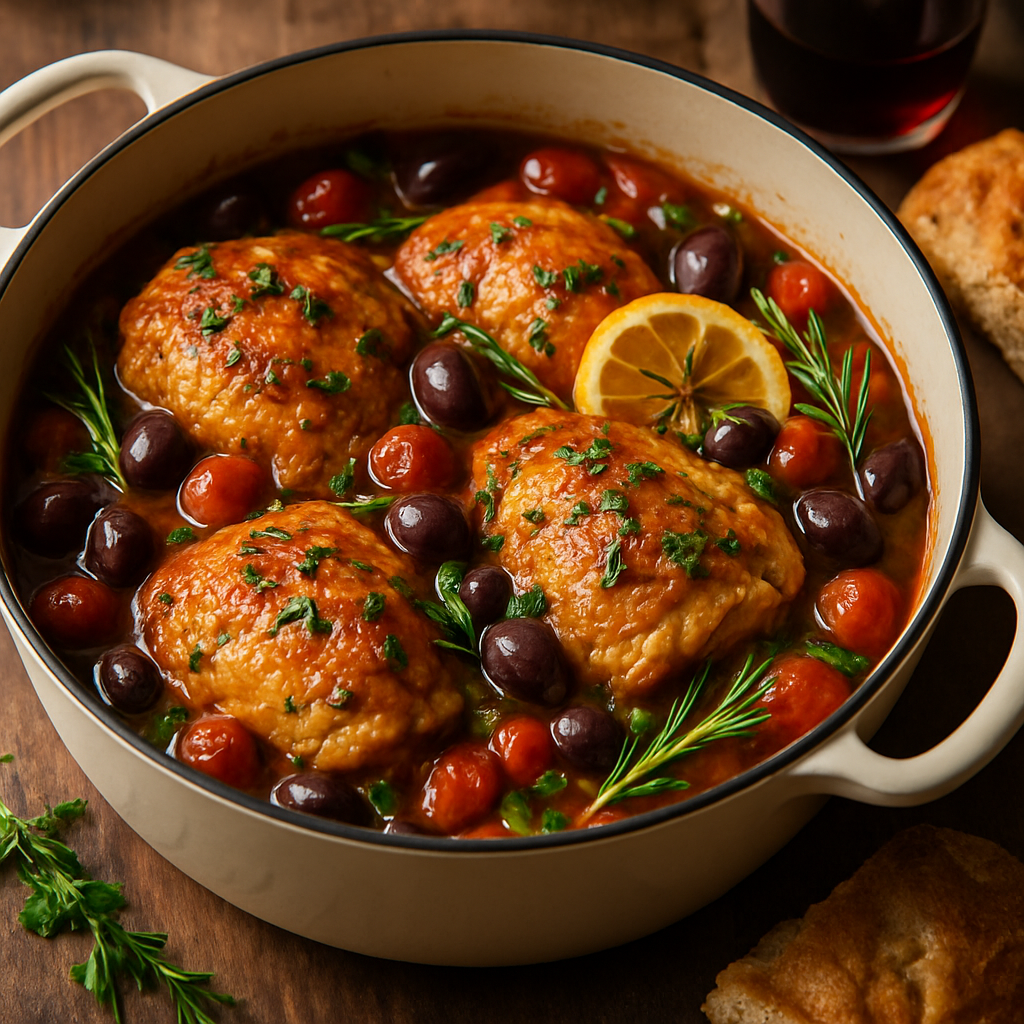 Sun-Kissed Mediterranean Braised Chicken with Olives, Tomatoes & Fresh Herbs