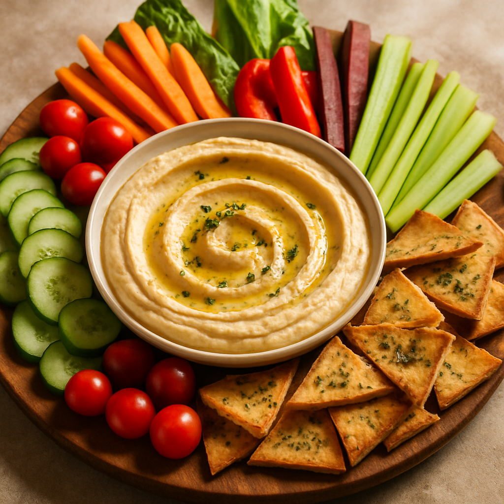 Silky Homemade Hummus Board with Rainbow Crudités & Herbed Pita Chips