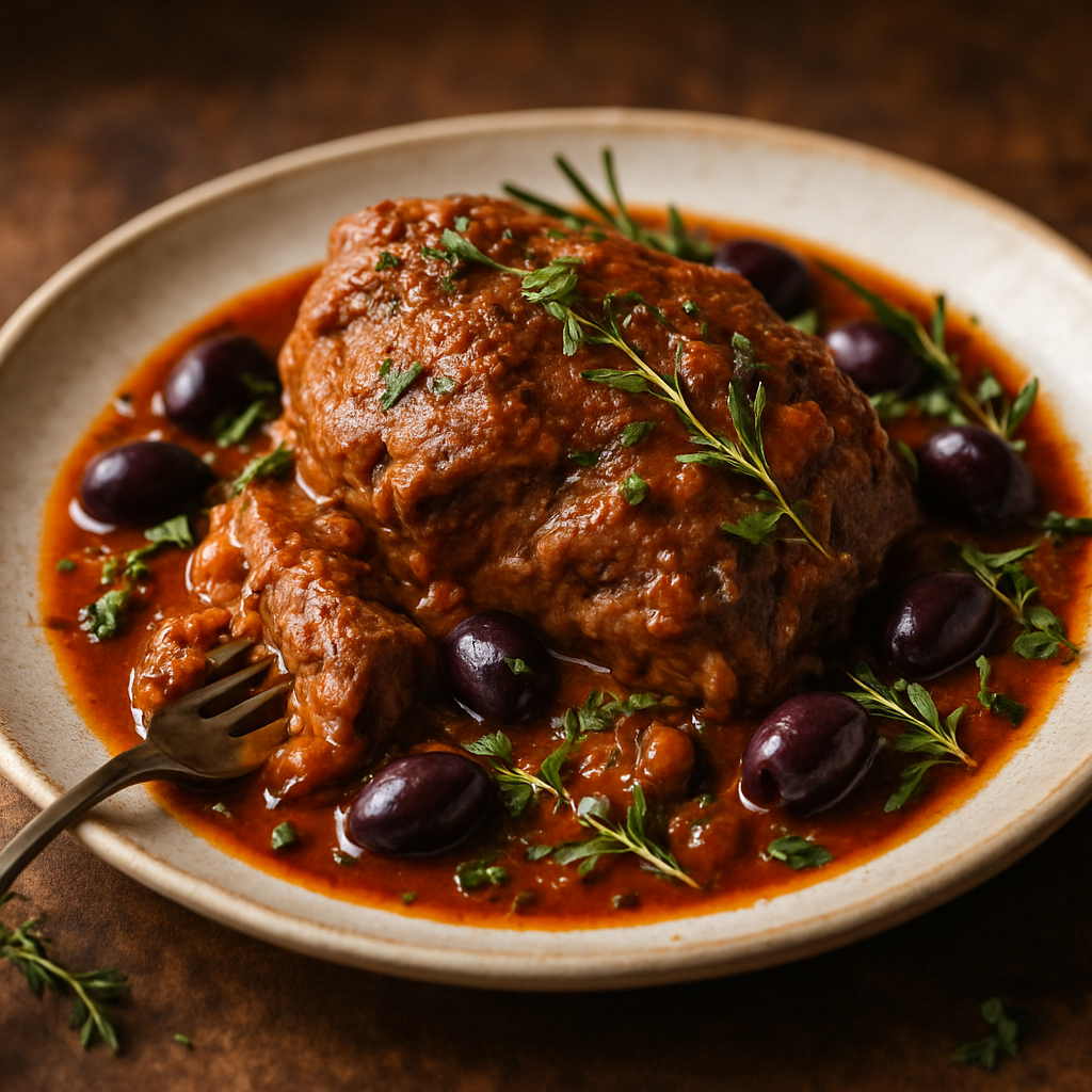 Mediterranean Slow-Braised Lamb with Tomatoes, Olives & Garden Herbs
