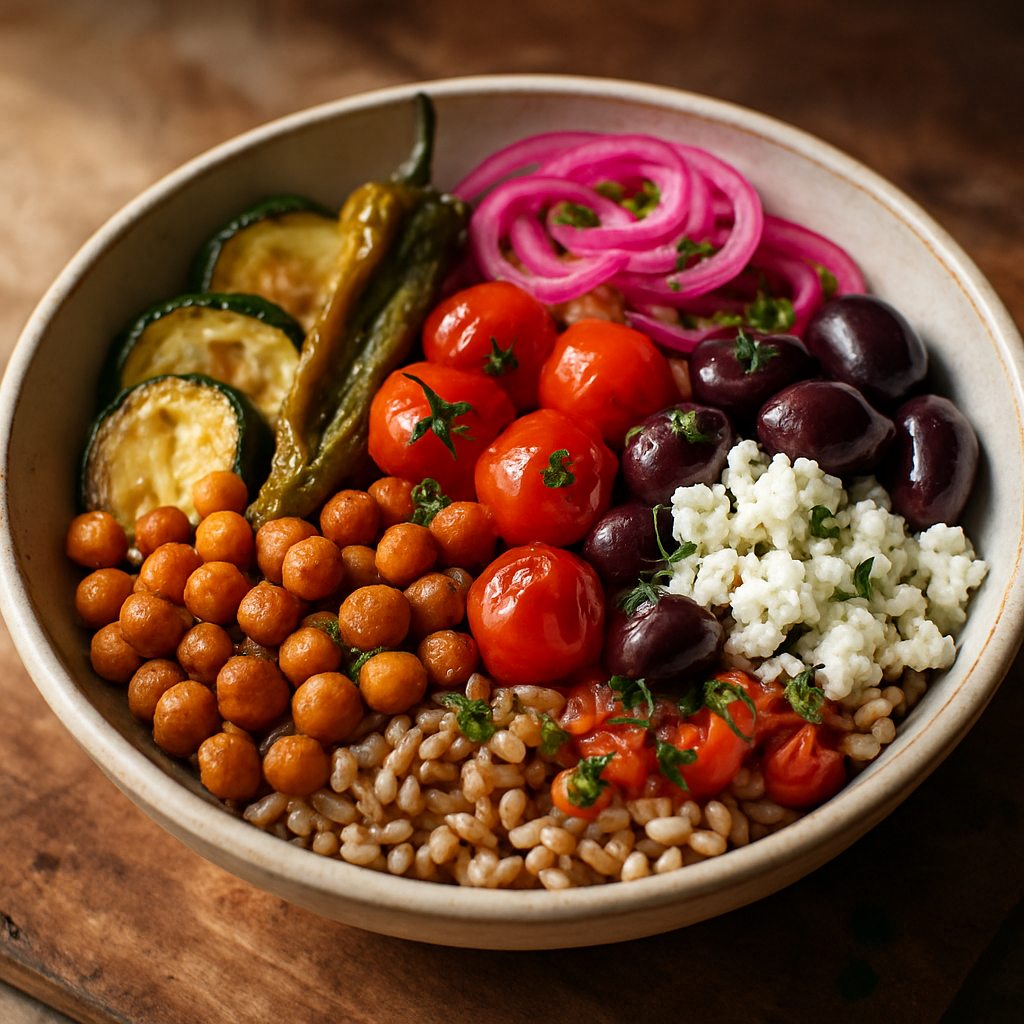 Sun-Kissed Mediterranean Grain Bowl with Roasted Vegetables and Crispy Chickpeas