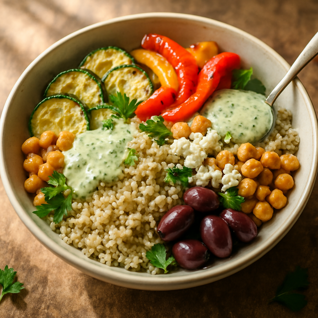Roasted Vegetable & Chickpea Buddha Bowl with Silky Herb-Tahini Dressing