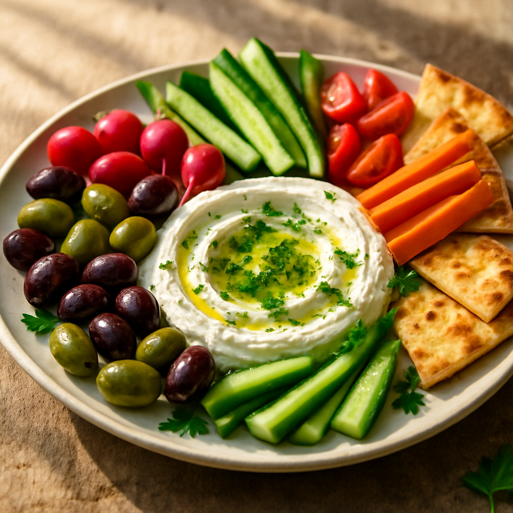 Sun-Drenched Mediterranean Mezze Platter with Whipped Feta & Herb Oil