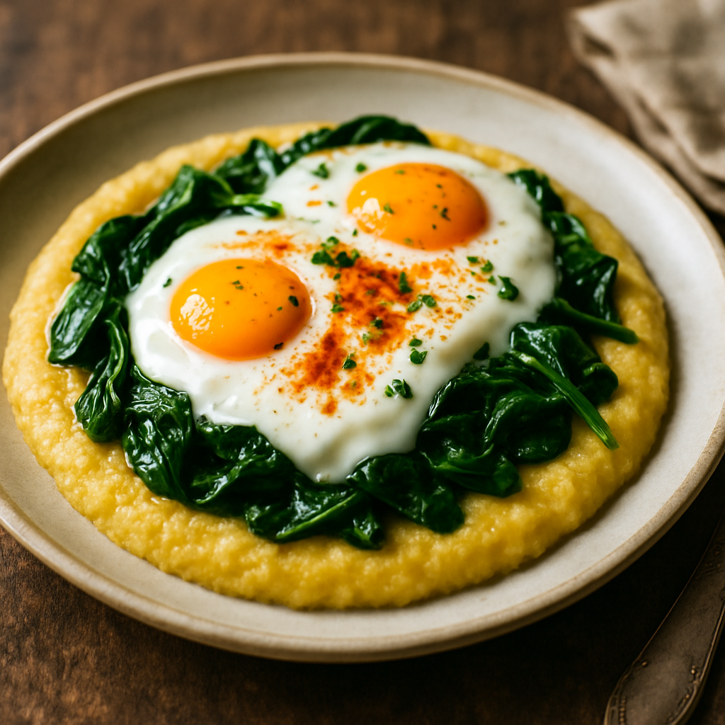USA-Bosnia Sunrise: Baked Eggs & Wilted Spinach over Creamy Corn Polenta with Paprika Yogurt