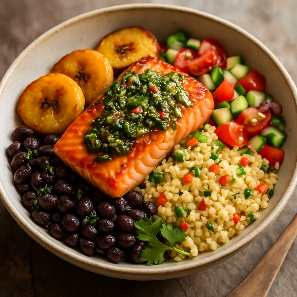 Pan-Continental World Cup Salmon Bowl with Caramelized Plantains & Chimichurri