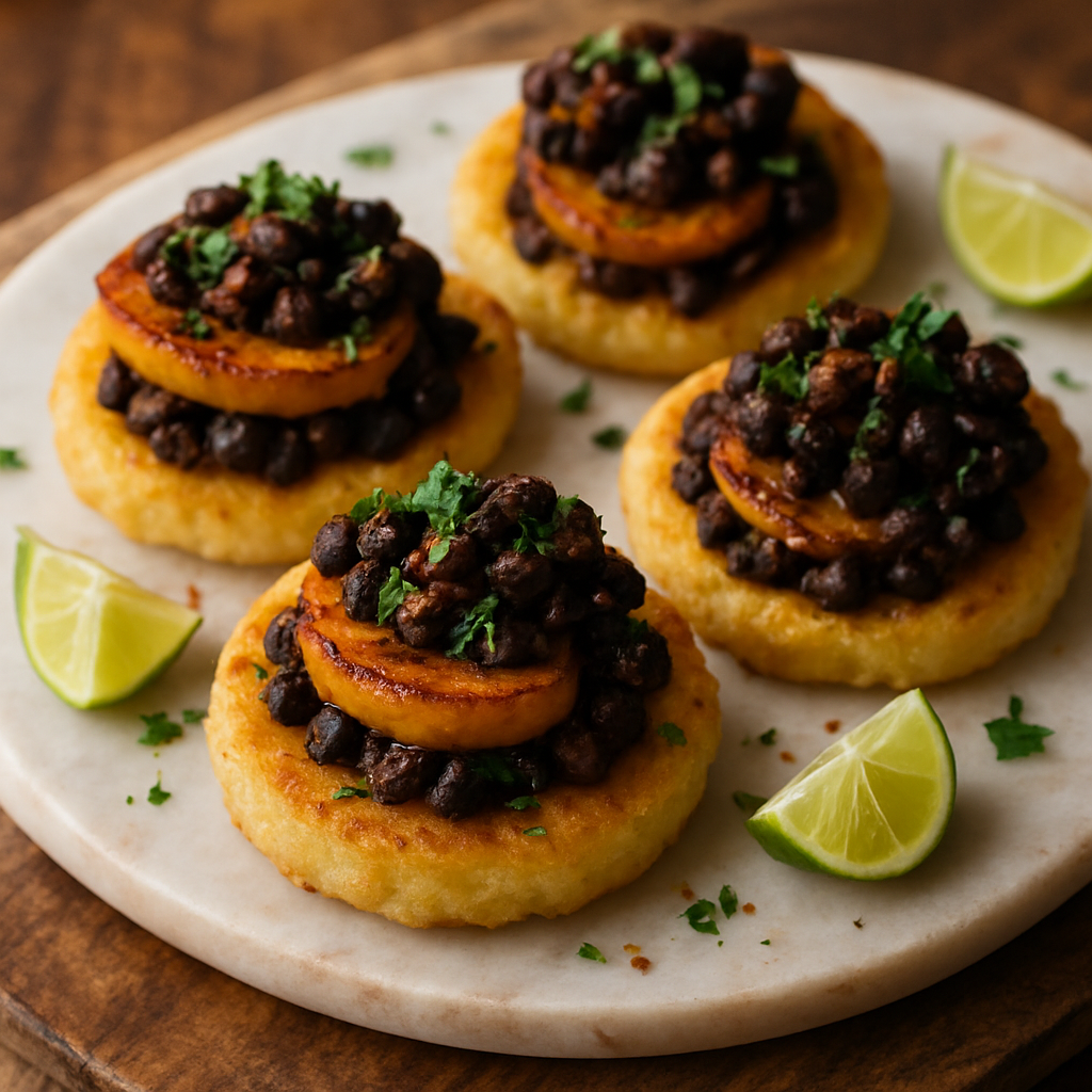 Crispy Colombiana Arepa Bites with Caramelized Plantain & Spiced Black Bean
