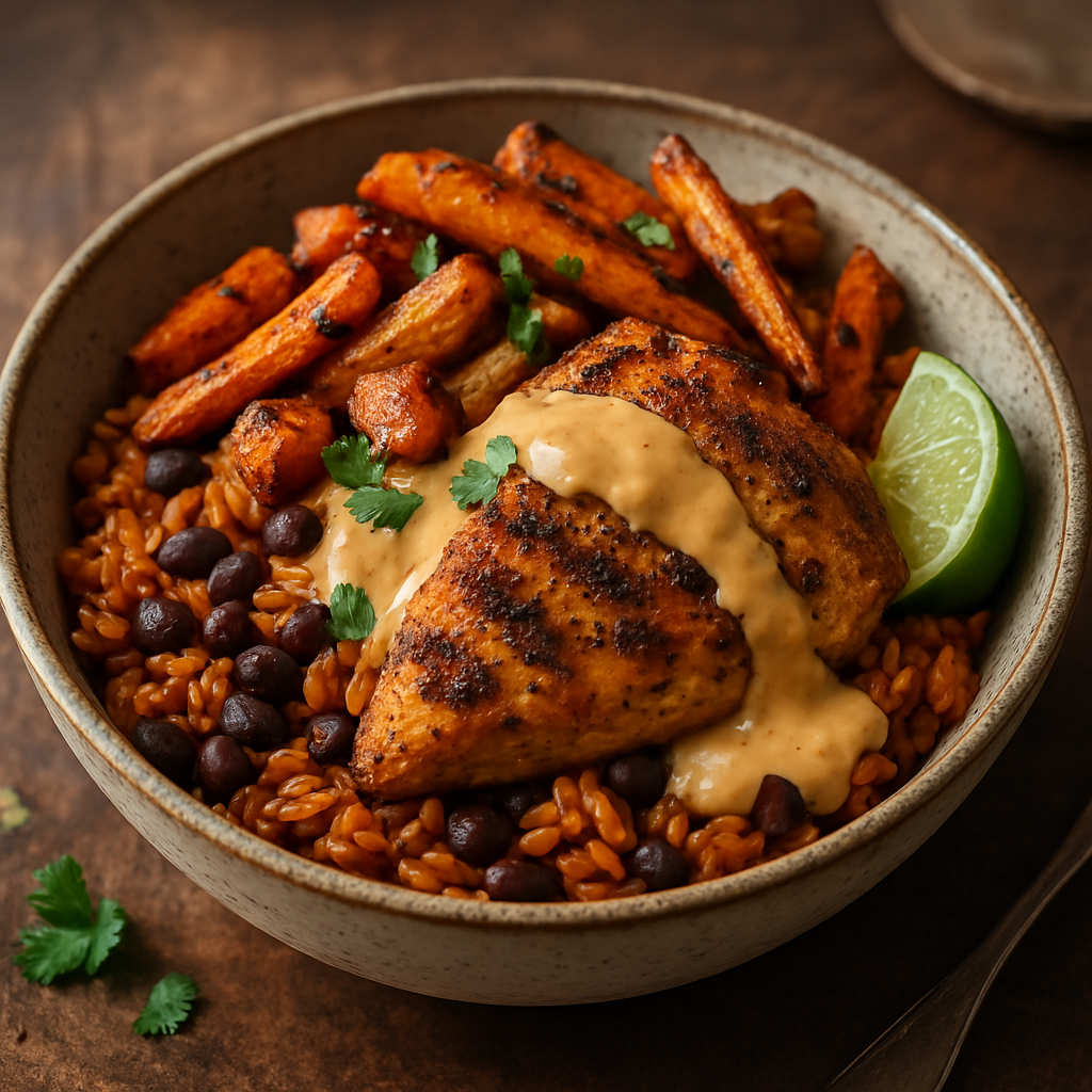 Six Nations Fusion Bowl: Spiced Chicken Over Jollof Rice & Black Beans with Peanut-Coconut Sauce