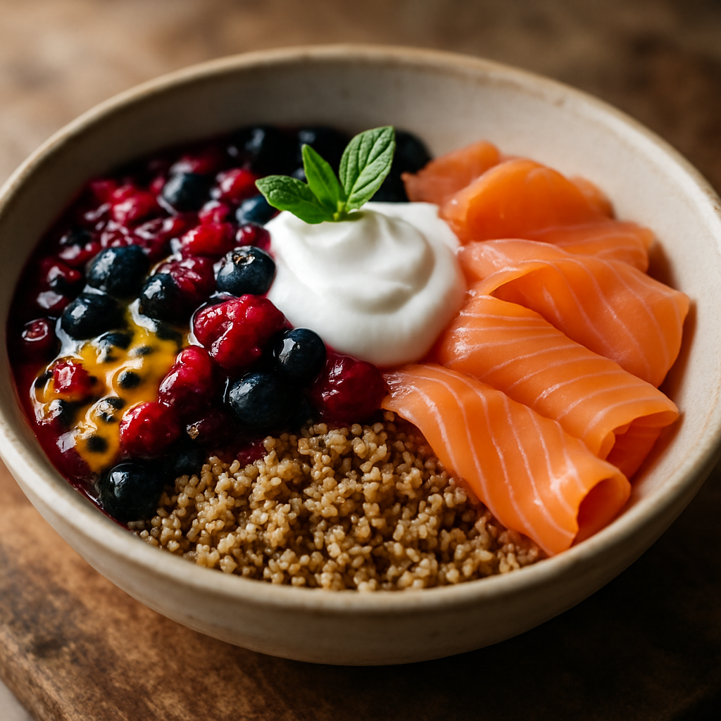 Nordic-Tropical Breakfast Bowl with Smoked Salmon & Passion Fruit Berry Compote