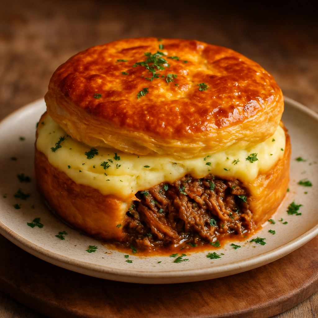 Golden Chimichurri Beef Pie with Creamy Mashed Potato & Puff Pastry Crown