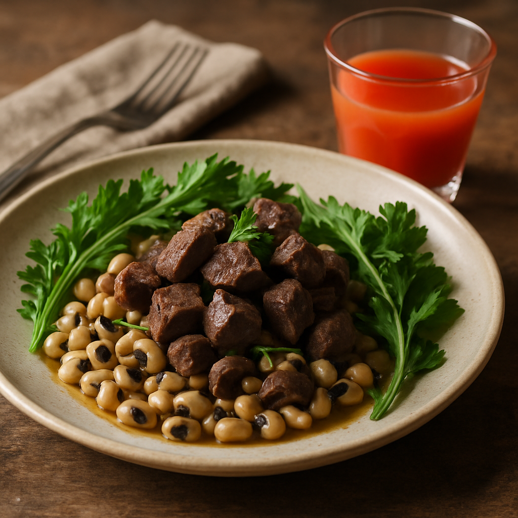 Black-Eyed Peas & Beef Heart with Acerola and Chrysanthemum Greens