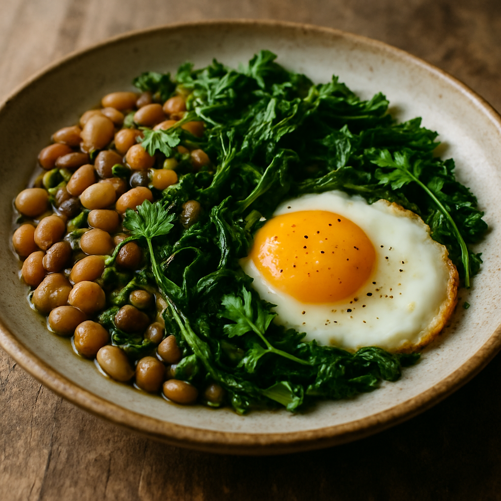 Κουκιά με Χρυσάνθεμο και Αυγό Μάτι — Fava and Cowpeas with Garland Greens and a Fried Egg