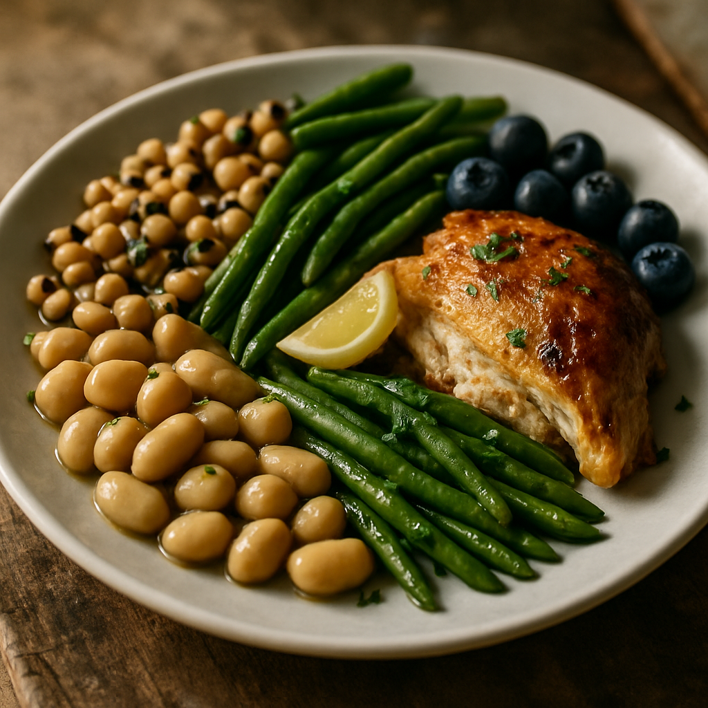 Three-Bean & Rotisserie Chicken Plate with Blueberries