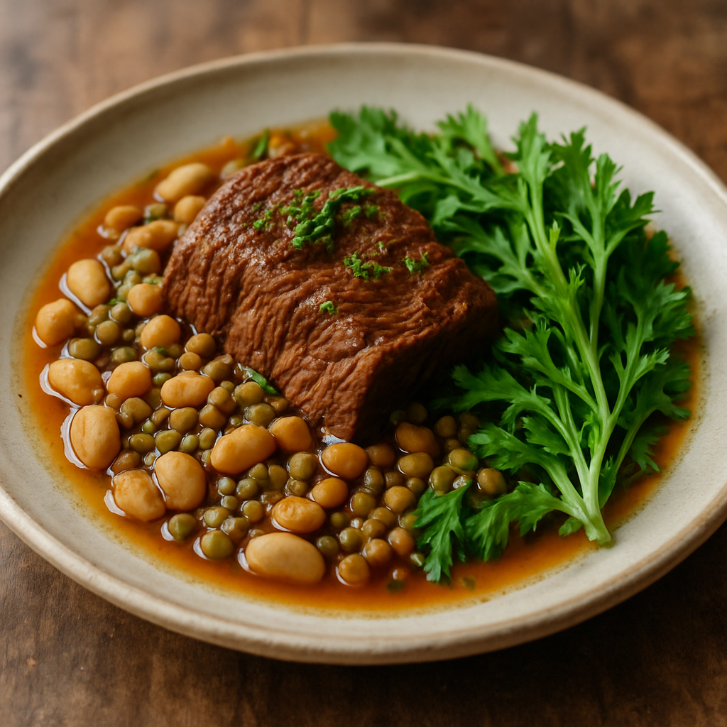 Braised Beef Chuck with Three Legumes and Chrysanthemum Greens